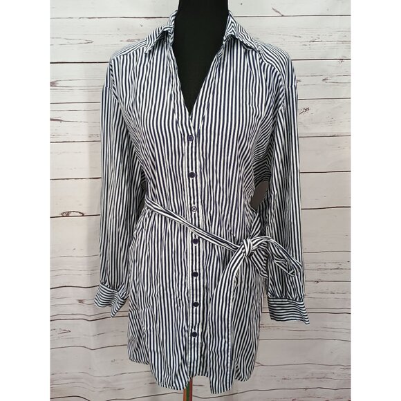 Lane Bryant Women's Blue & White Striped Button-Down Shirt Dress With Belt Sz 16 - Picture 1 of 8